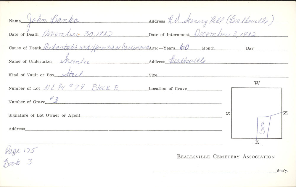 John Banko burial card
